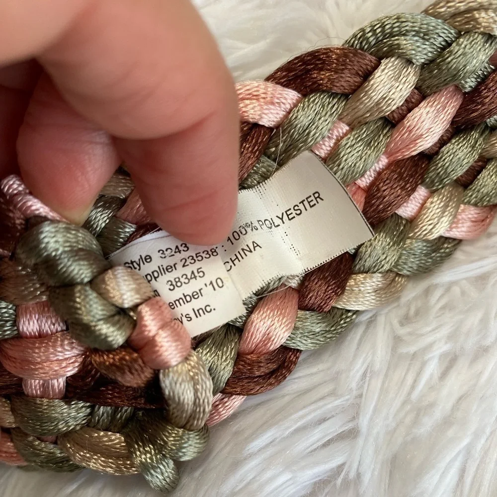 Pink, brown and green braided large buckle braided belt